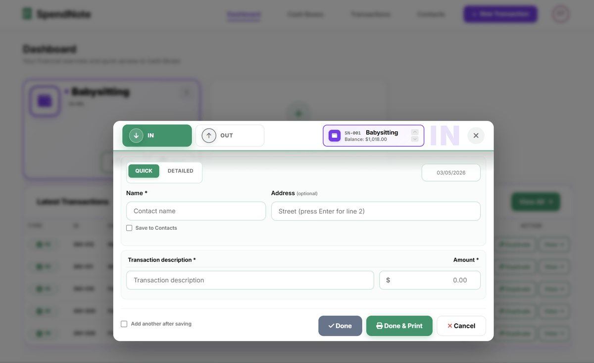 SpendNote babysitter payment entry - logging cash received from a family