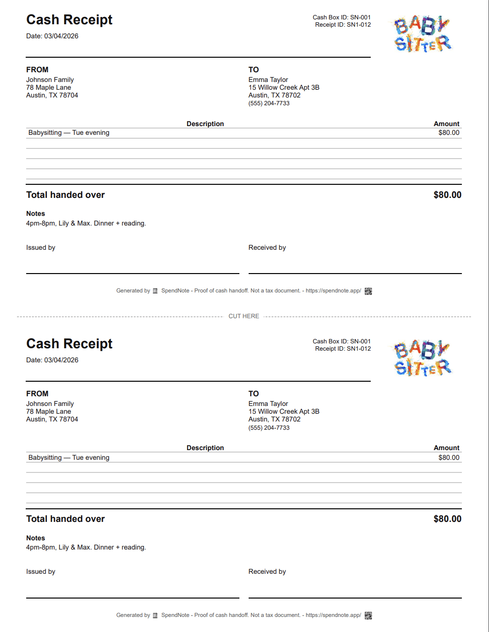 Babysitter cash payment receipt - printable two-copy format with family and sitter details