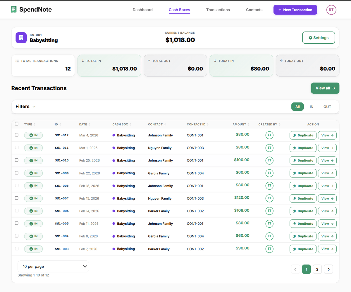 Babysitter payment history - searchable list of all cash payments from families