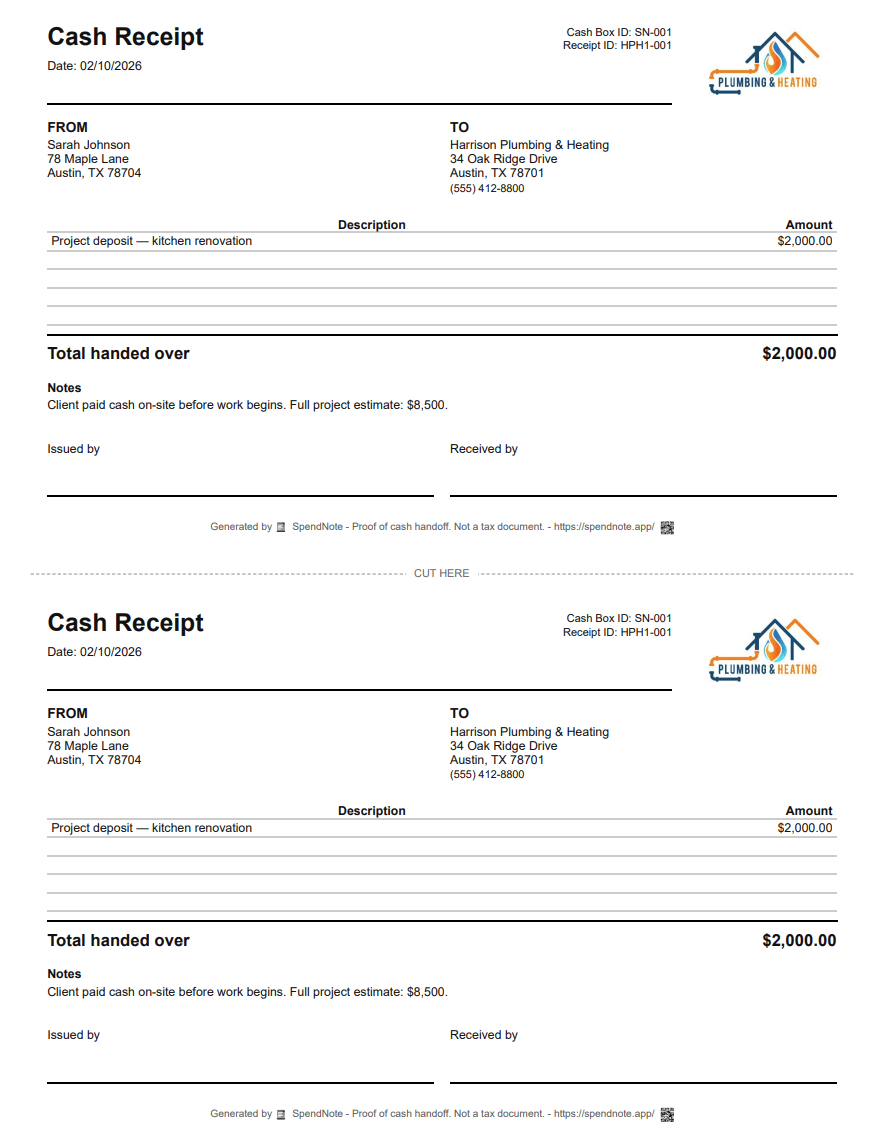 Proof of cash payment received - printable receipt with payer and receiver details