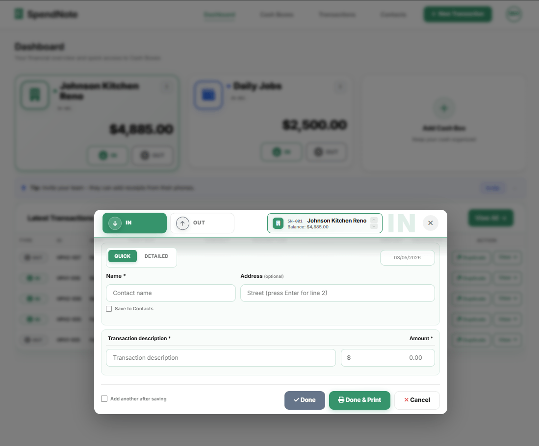 SpendNote new transaction screen - logging a contractor cash advance payment