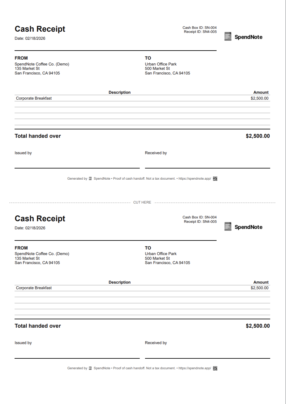 Printable cash receipt example - two-copy format for small business handoffs