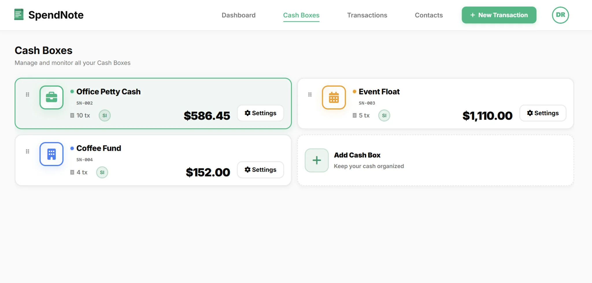 Multiple petty cash funds overview screen in SpendNote