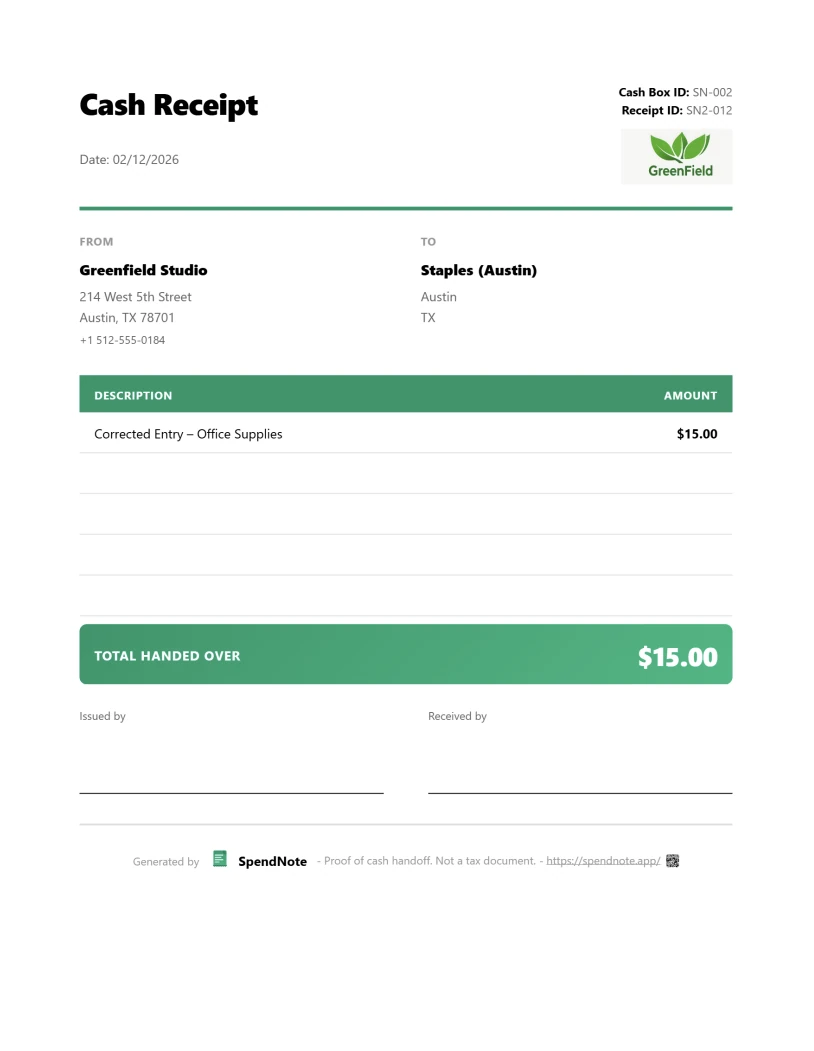 PDF cash receipt template for petty cash reconciliation documentation