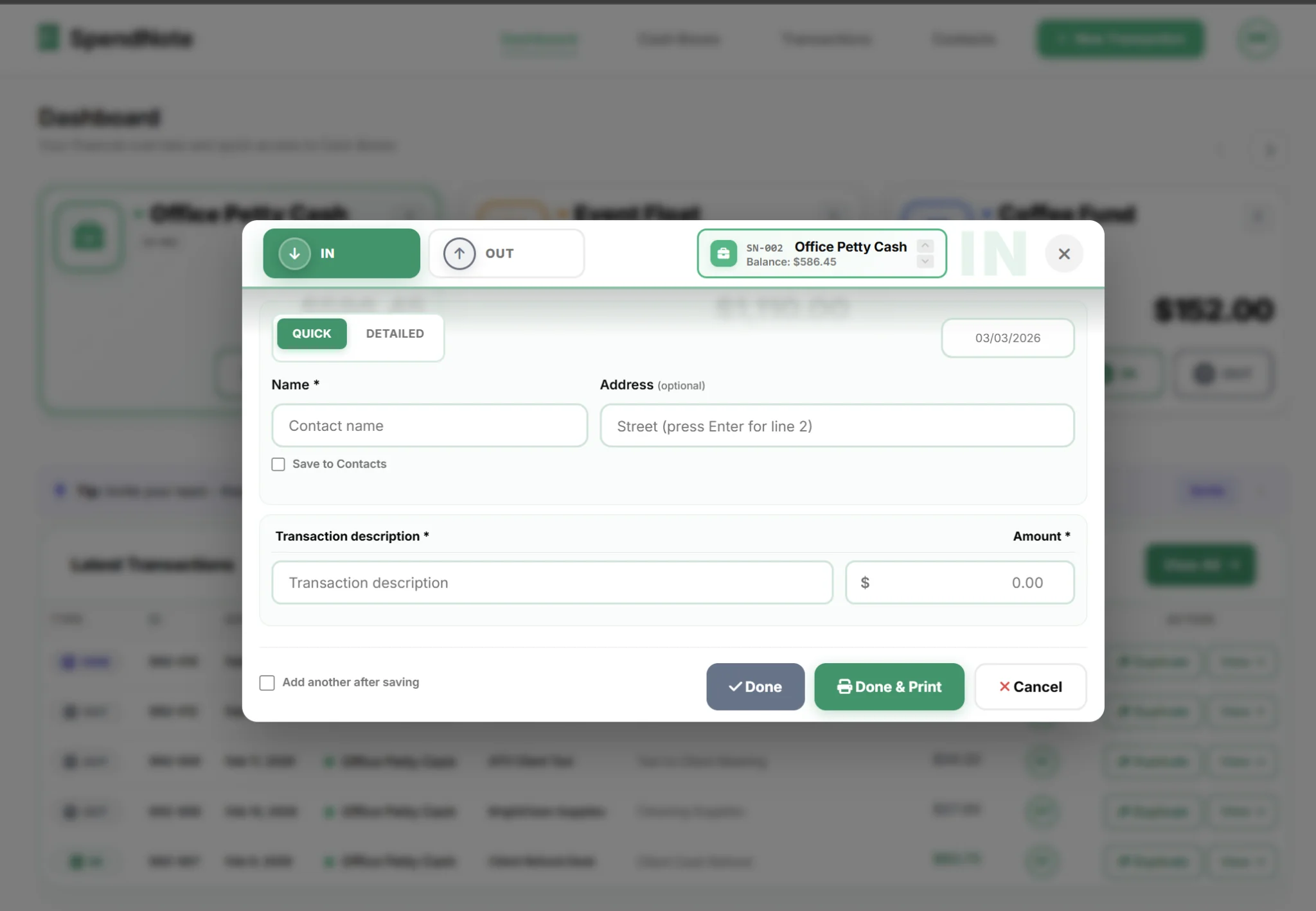 SpendNote transaction entry for petty cash voucher