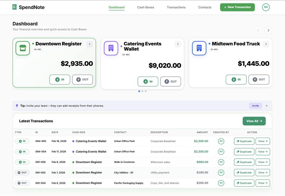SpendNote dashboard with cash box overview and transaction history