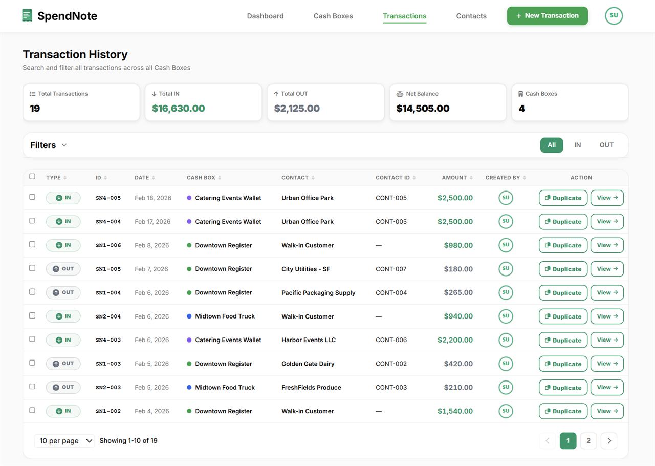 SpendNote transaction history screenshot with searchable records